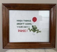 Vintage Frog Funny Needlepoint Embroidery Framed Wall Decor Froggy Decor