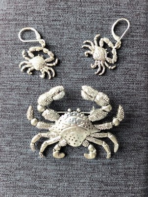 Large Silver King Alaskan Crab  Necklace Pendant And Two Earrings 