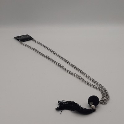 Senze Long Silver Tone Curb Chain Necklace Black Crochet Ball & Tassel Pendant