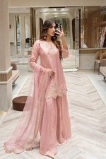 Bollywood Look Peach Silk Top Palazzo With Dupatta For Women Wear