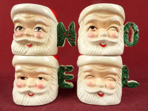 VINTAGE MCM COMMODORE WINKING SANTA NOEL MUGS JAPAN SET OF 4 NICE