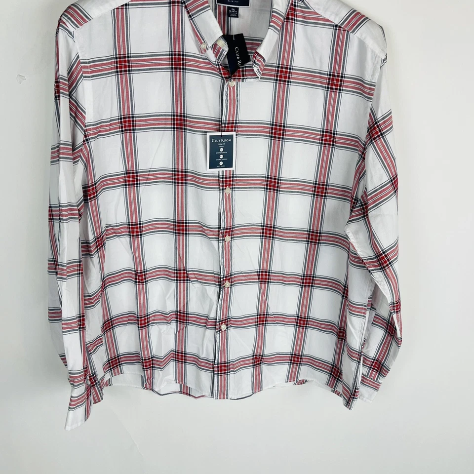 Nueva Camisa Club Room Para Hombre Talla Pequeña 14-14 1/2 Calce Ajustado Blanca Roja Manga Larga Nueva con Etiquetas Foto 4 de 4