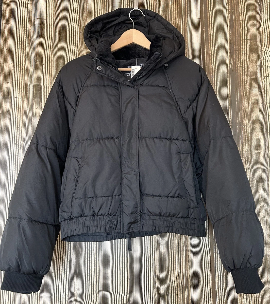 Women's Aeropostale Remixed Down Cropped Puffer Jacket Black Hood Size  Large NWT