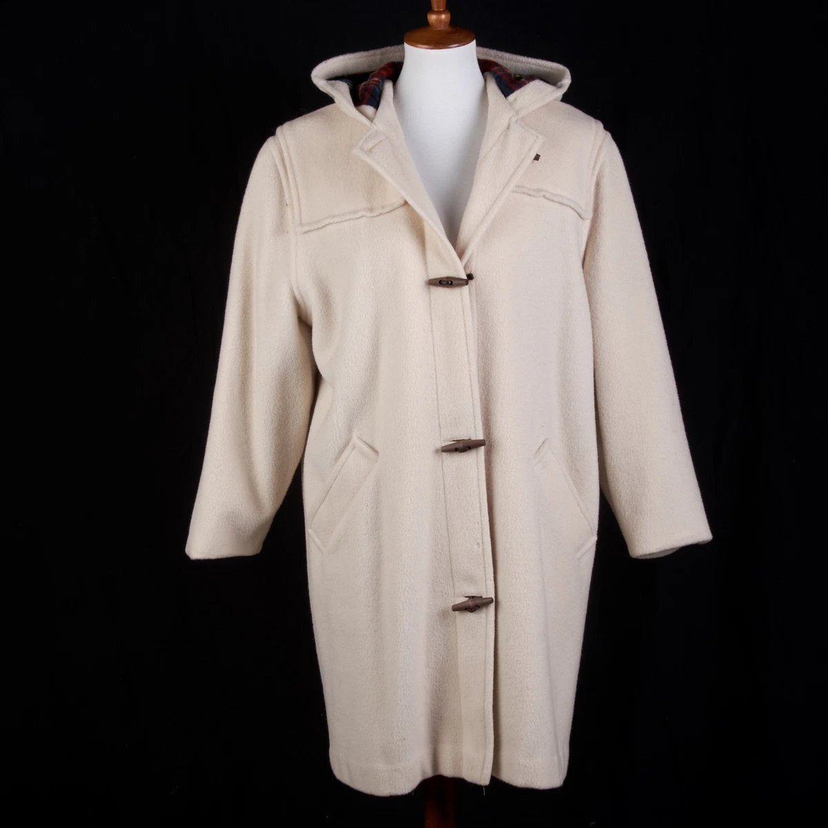 Vintage 80s Womens LL Bean Hooded Duffle Coat XL Ivory Wool-Nylon Toggles Lined
