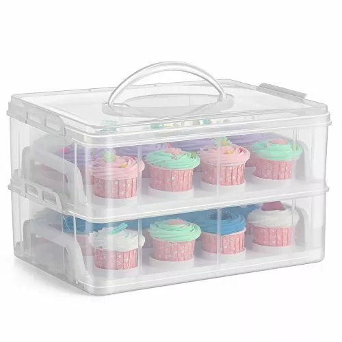 2 Tier Plastic Cupcake Muffin Holder Storage | Handle Carrier Box White eBay Stackable