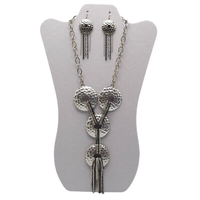 Hammered Silver Tone Necklace Earrings Set With Chain Tassels