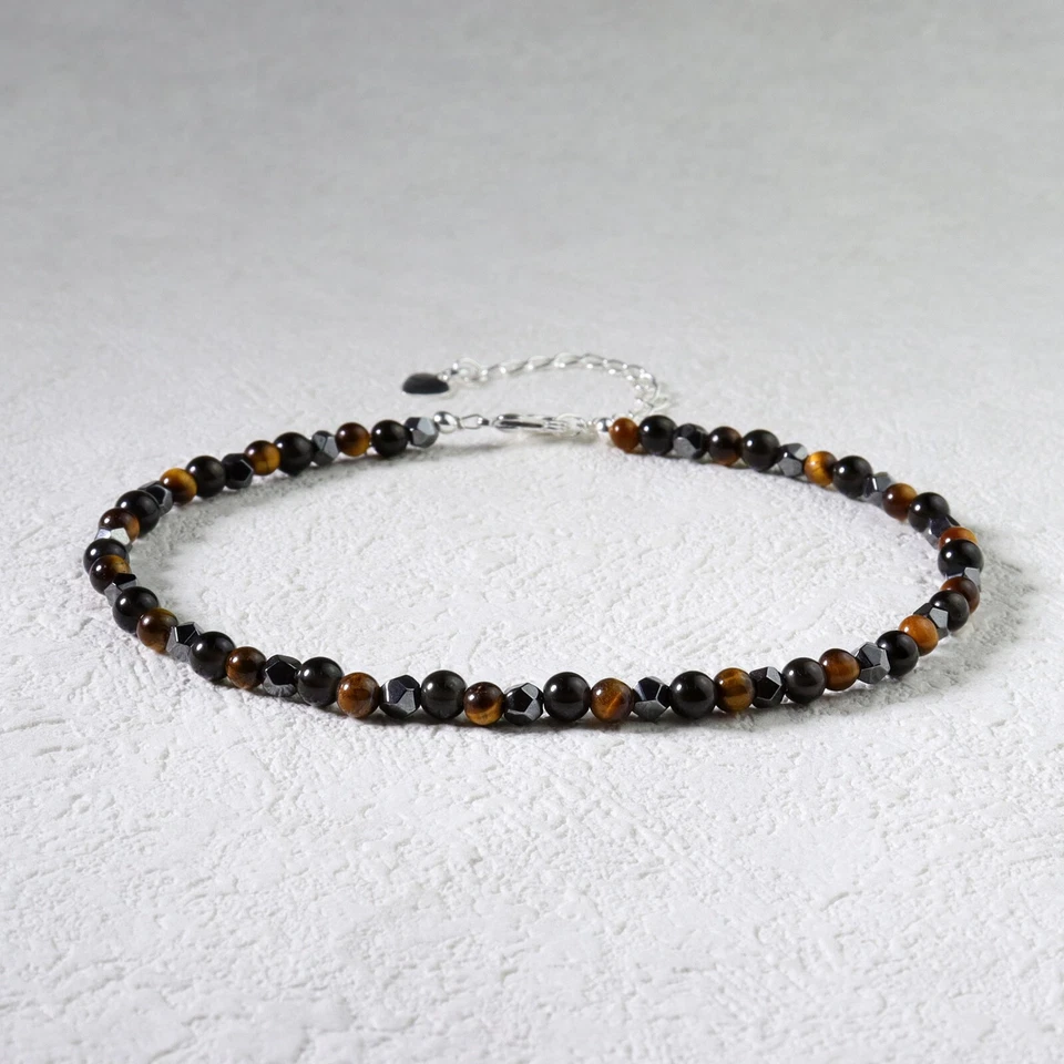 Triple Protection Bracelet Anklet Hematite Tiger Eye Obsidian Bead Women Anklet - Image 2 of 2