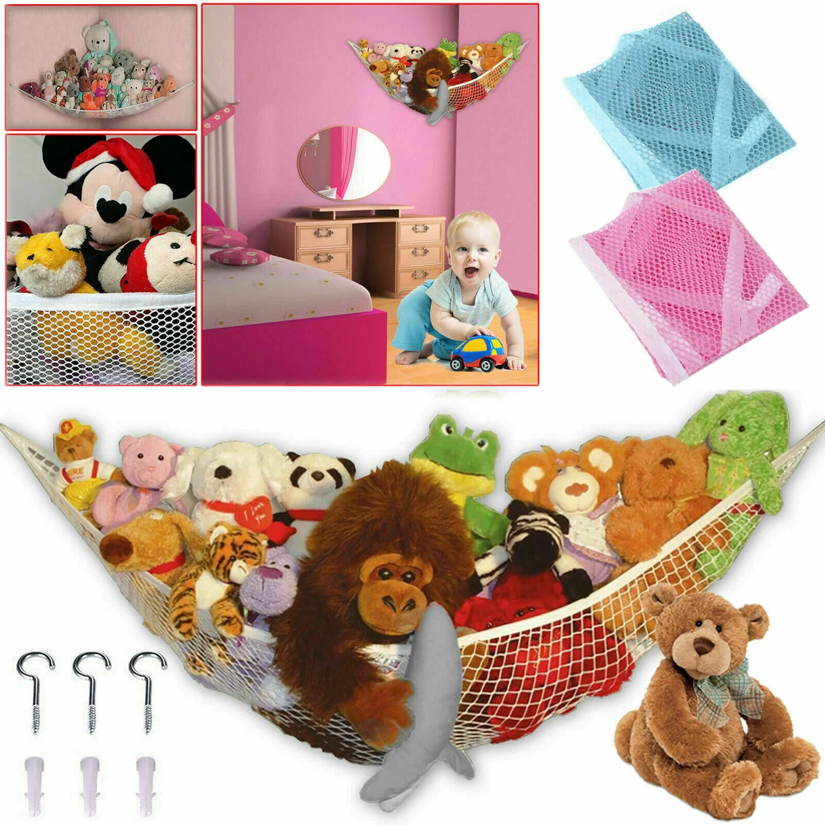 Large Soft Toy Teddy Hammock Mesh Net Baby Childs Bedroom Nursery