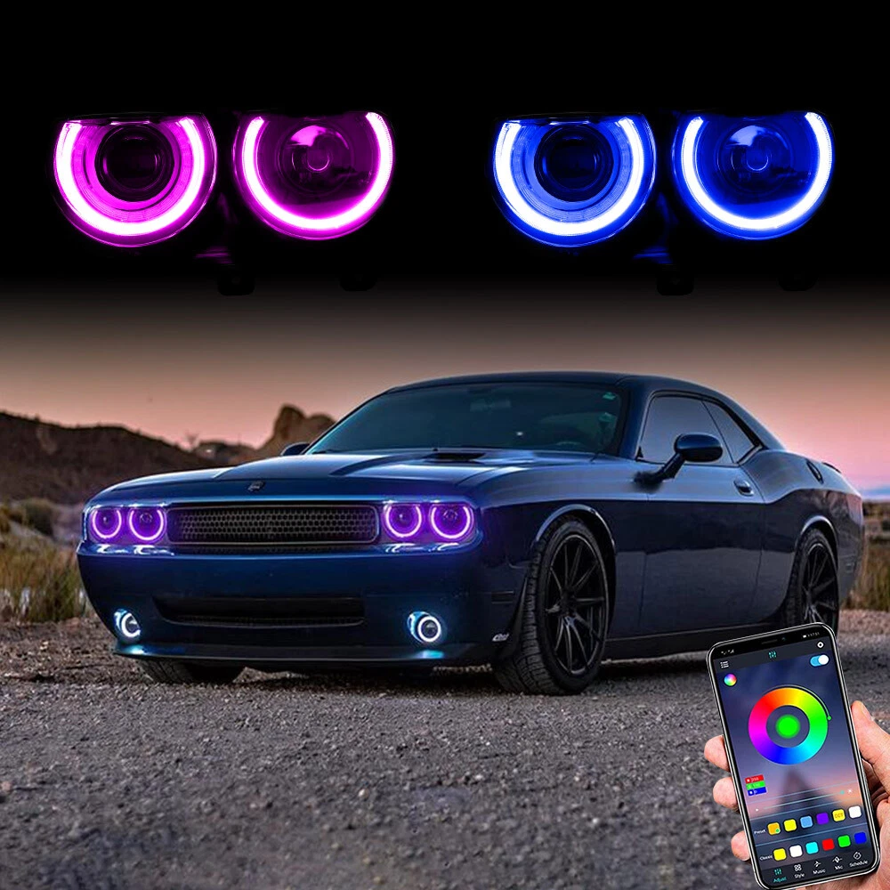 RGB LED Halo Projector Headlights For Dodge Challenger 2008-2014 – VLAND Black Housing – Multi-Color DRL