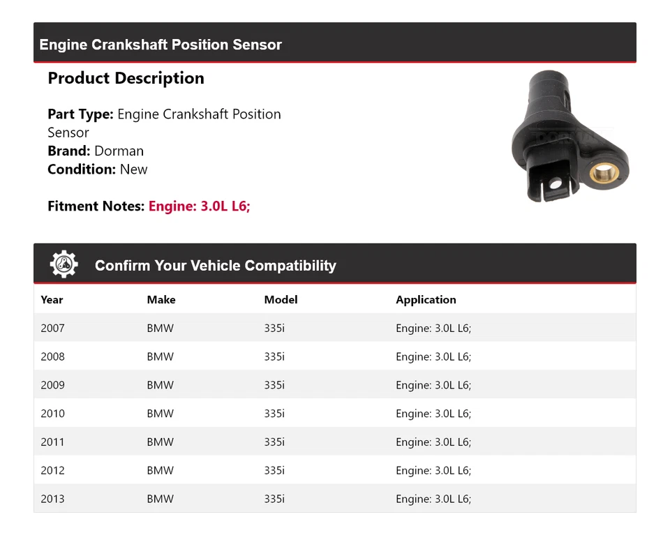 Sensor de posición del cigüeñal 2008 para BMW 335i 2007-2013 3,0 L L6 motor Dorman Foto 2 de 4