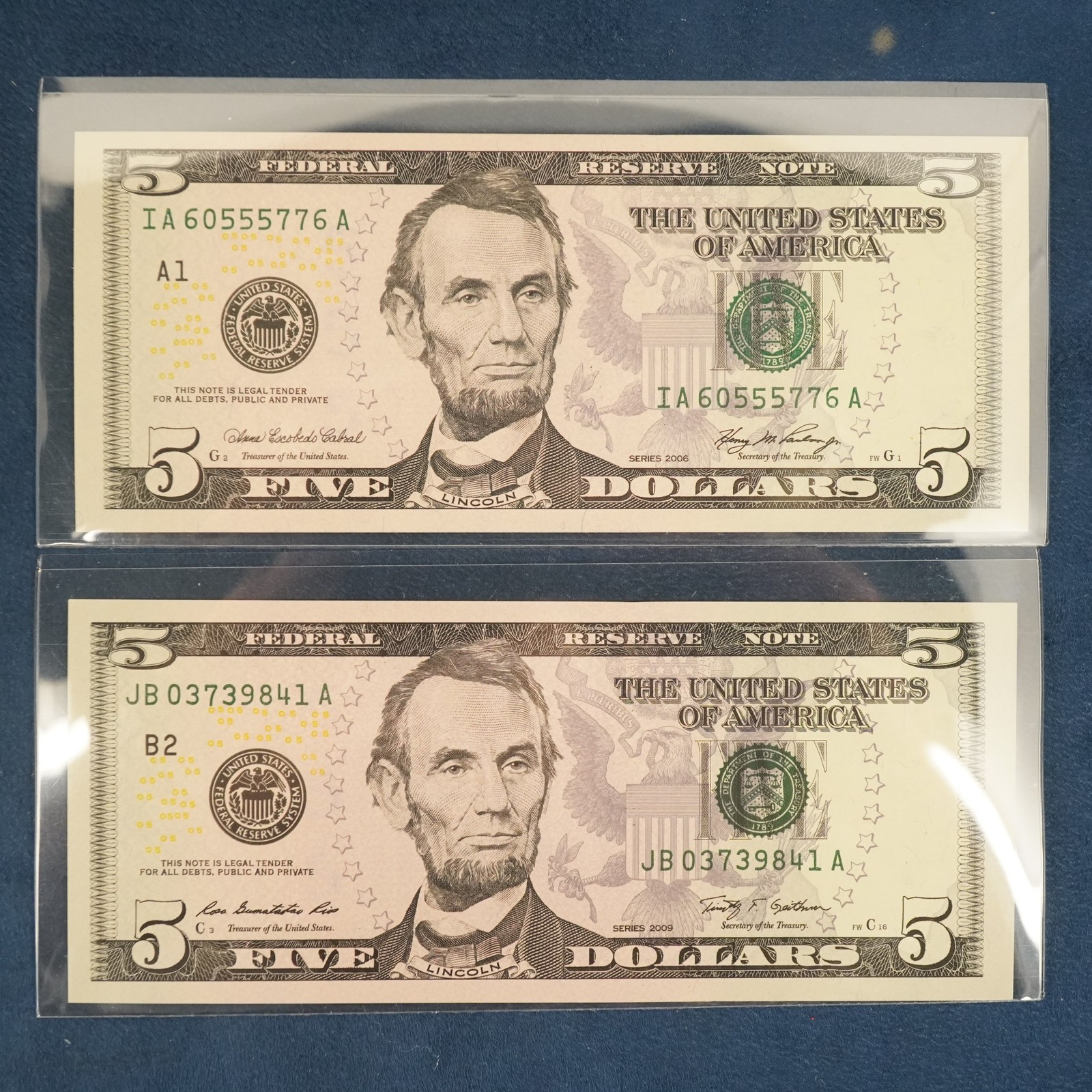 2006 & 2009 $5 Federal Reserve Note Design 217-C Type Set - Free Shipping USA