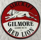 Vintage GILMORE OIL CO Red Lion Aircraft Porcelain Metal Sign 11.75" Diameter