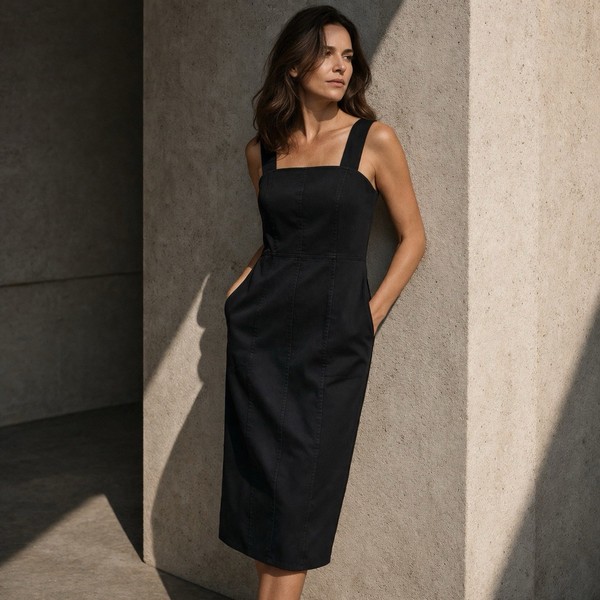12 M 40 | COS | Black Dress Midi Knee Length Denim Pencil Square Neck Sleeveless