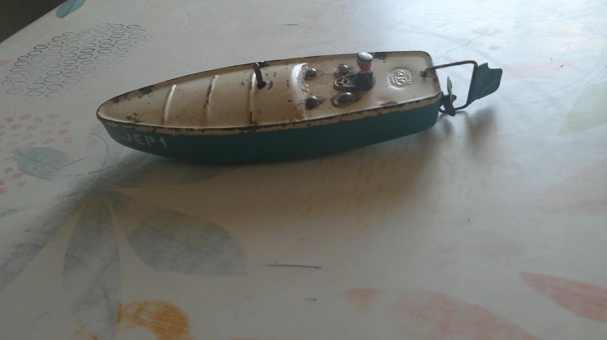 Jouet Ancien JEP Bateau Canot De Course Mécanique Rouge – 1935, 47cm, Tôle Avec Boîte