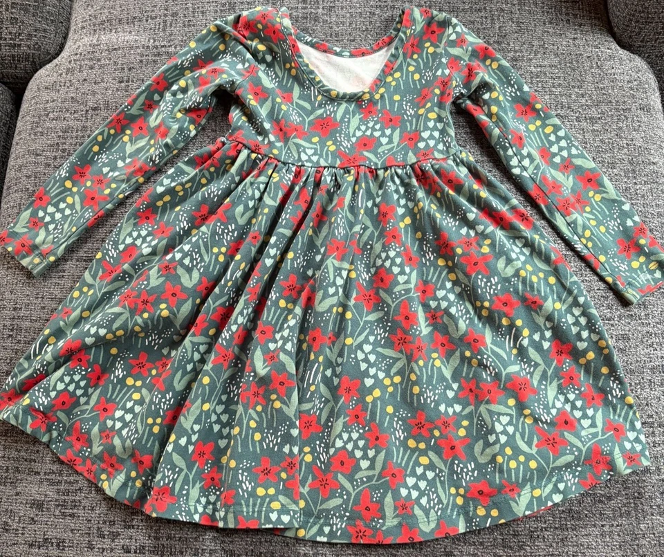 Hanna Andersson Girls 100 Cm Size 4 Floral Long Sleeve Dress Green & Red - Image 2 of 4