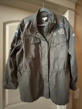 Woman’s Chore Coat Size 3X Plus Army Green Pockets Zipper & Snaps Long Sleeve