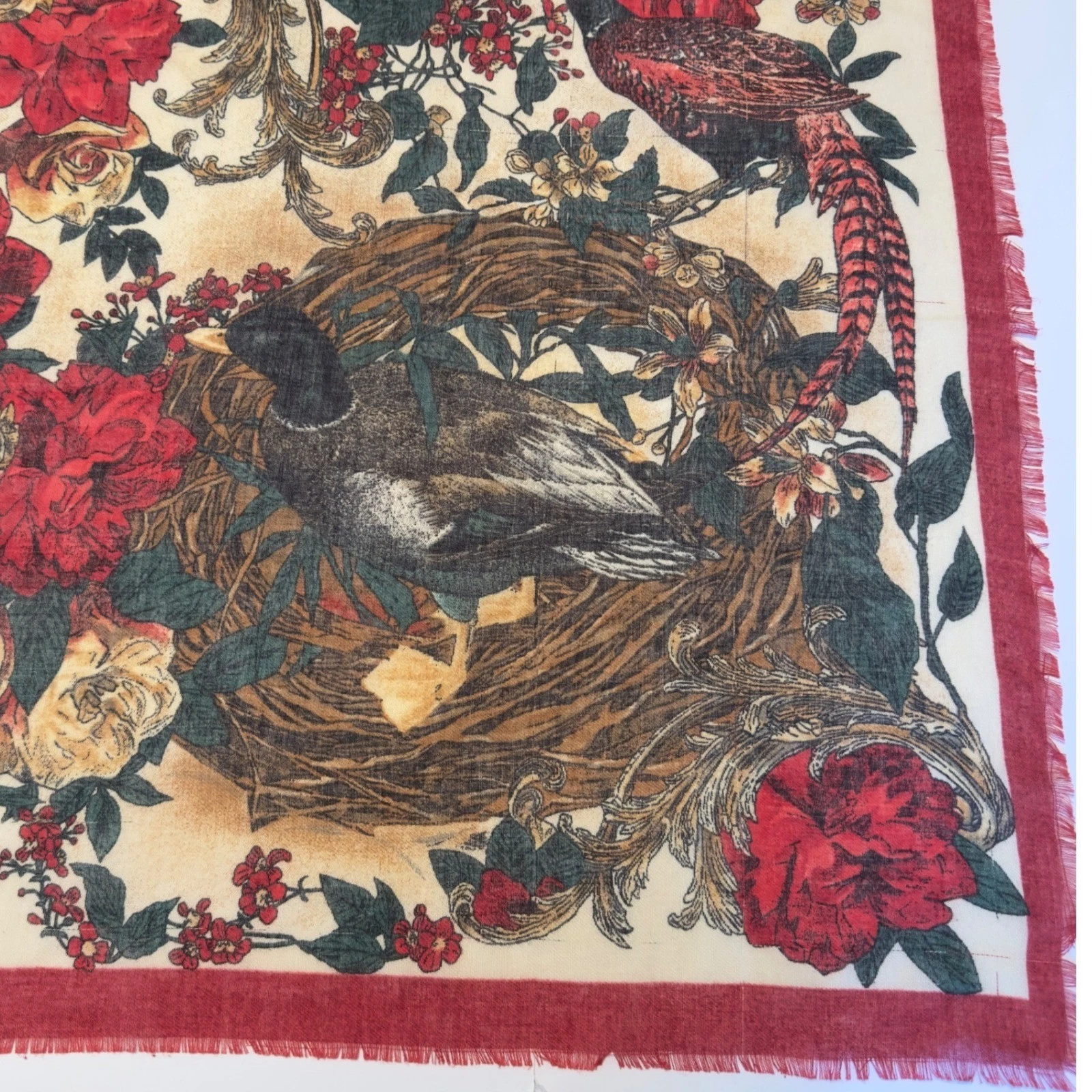 Vintage Style Wildlife Floral Square Scarf Mallard Duck Pheasant Red Roses 46in