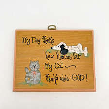 Vintage Hand Painted Wooden Hanging Cat Dog Lover Wall Sign Cottage Core Kitsch
