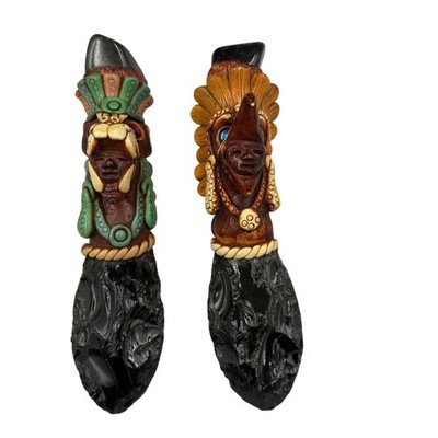 Aztec Mayan Obsidian Style Dirk Knife Set Of 2 Carved Handles Multi Color