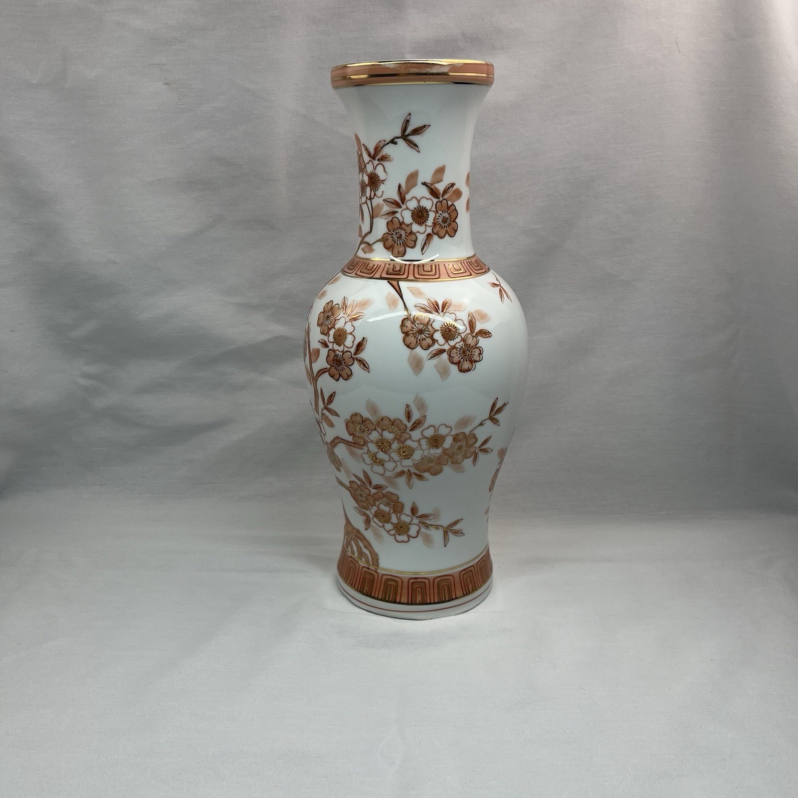 Norleans Japan Orange / Pink Flowers Vase Ming Tree 14” Gold Trim Vintage