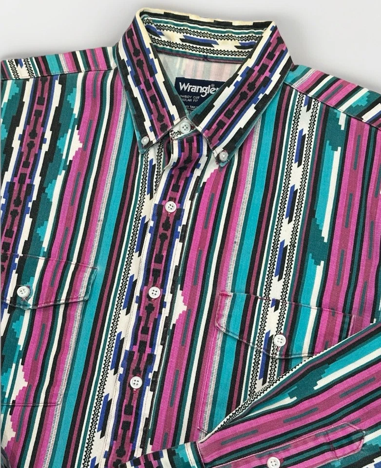 Vintage Wrangler Heavy Cotton Aztec Shirt Men Sz 16.5 35 L Pink Teal Striped USA - Image 3 of 4