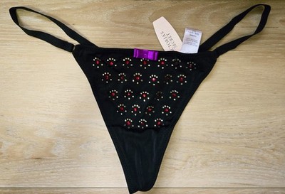 NWT Rare Vintage Victoria's Secret Black Silky Smooth V-String Panties Bow O/S