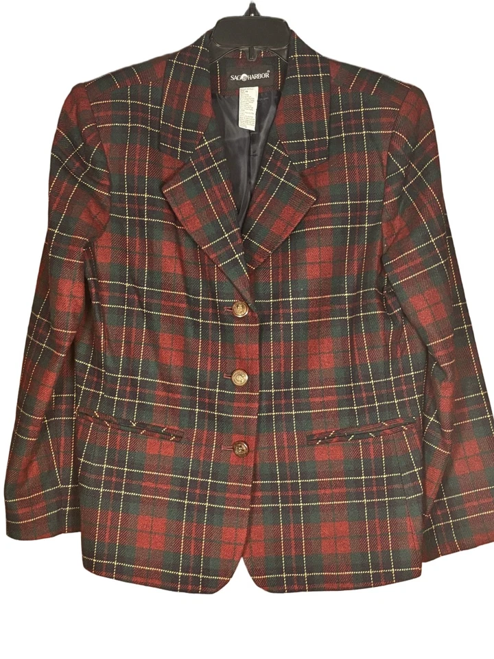 Blazer vintage Sag Harbor tartán a cuadros muesca solapa bolsillos delanteros multicolor W 16 Foto 3 de 4
