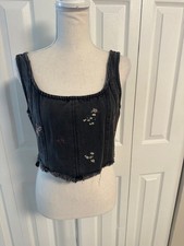Floral Embroidered Black Denim Corset-Style Crop Top
