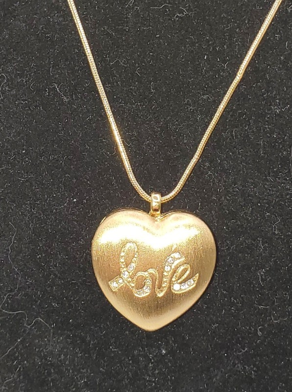 Vintage Signed Gold Heart Locket Pendant Necklace Rhinestones Love Monet 