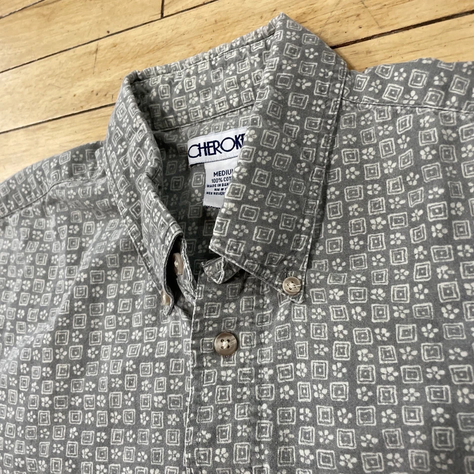 Camisa De Colección CHEROKEE Abotonada Hombres M Gris Occidental Geométrica Floral Retro Abuelo Foto 4 de 4
