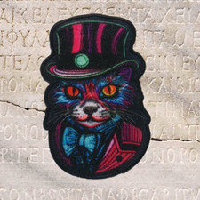 Cat Patch Iron-on Applique Steampunk Retro Top Hat Suit Sci-Fi Fantasy Badge
