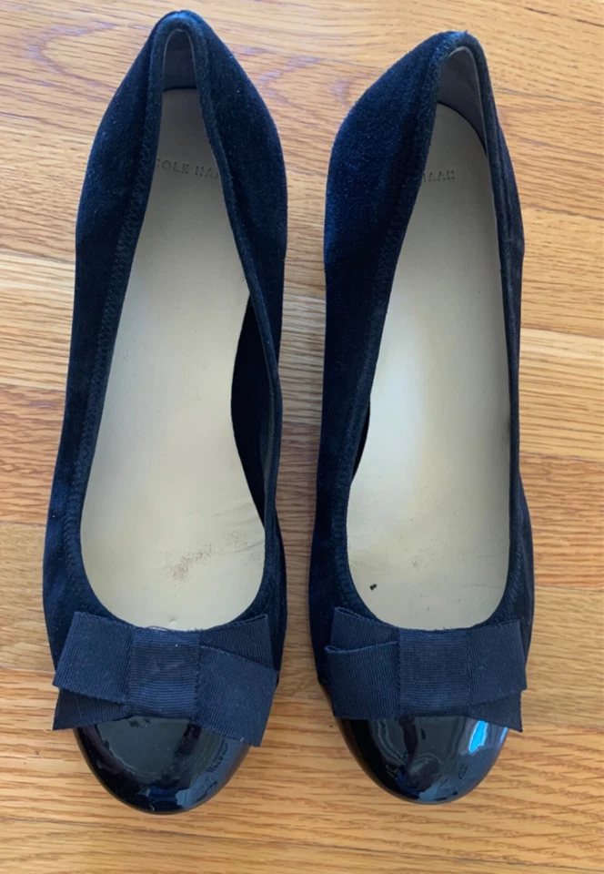 COLE HAAN Mujer Damas Negro Sueco Charol Cuña Arco Suela de Goma Talla 10.5 Foto 4 de 4