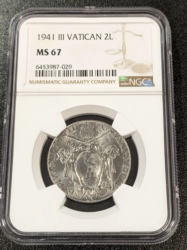 1941 III MS67 Vatican 2 Lire NGC UNC KM 27a Pope Pius XII TOP POP!