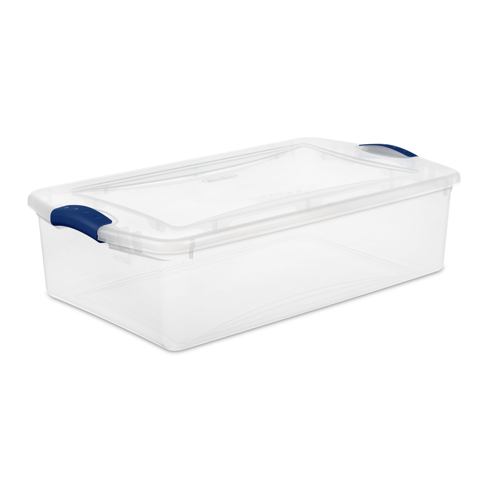 Sterilite 32 Quart Clear Plastic Storage Bin with Blue Latches and Lid