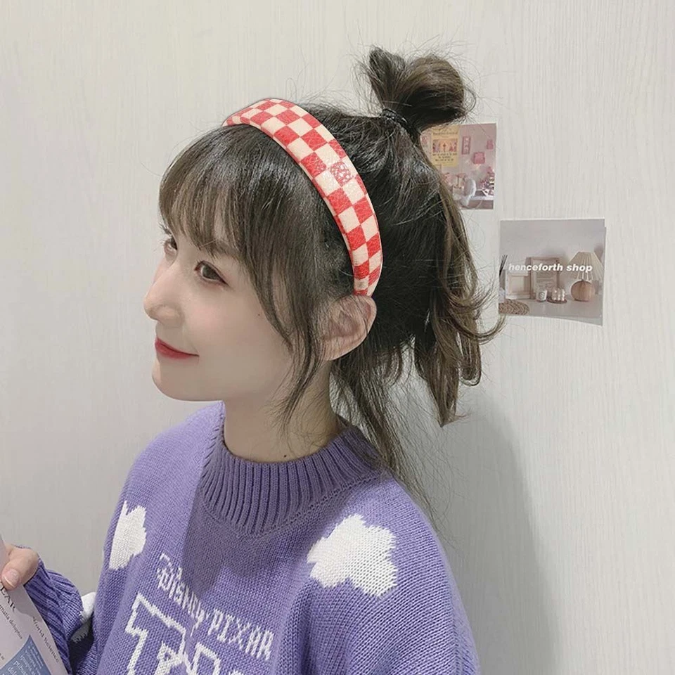 Faux Leather Sponge HeadbandS - Checkerboard Wide Hairband Women Hair Accessorie - Image 2 of 4