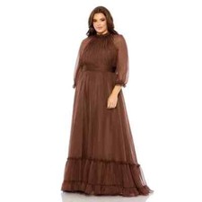 Mac Duggal 68426 Chocolate Plus Size Puff Sleeve Tiered Formal Dress Size 24W