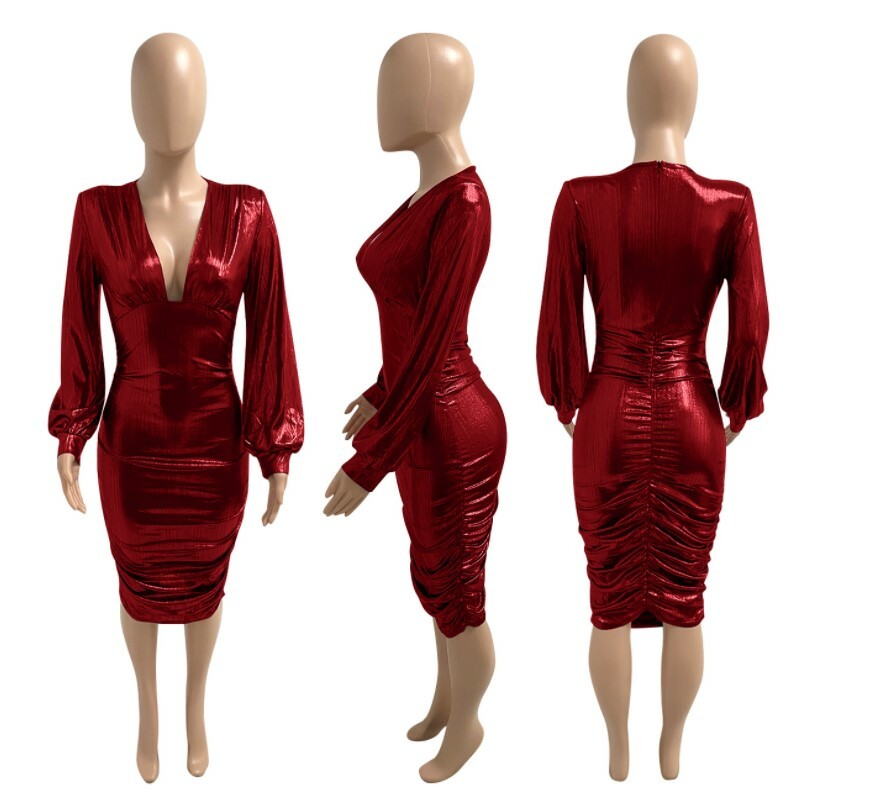 NEW Women Elegant Glitter V Neck Night Christmas Birthday Ruched Midi Dress  #S9 | eBay