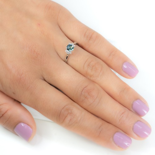 Unheated Teal Sapphire and Diamonds Ring in 14K White Gold - Picture 2 of 6