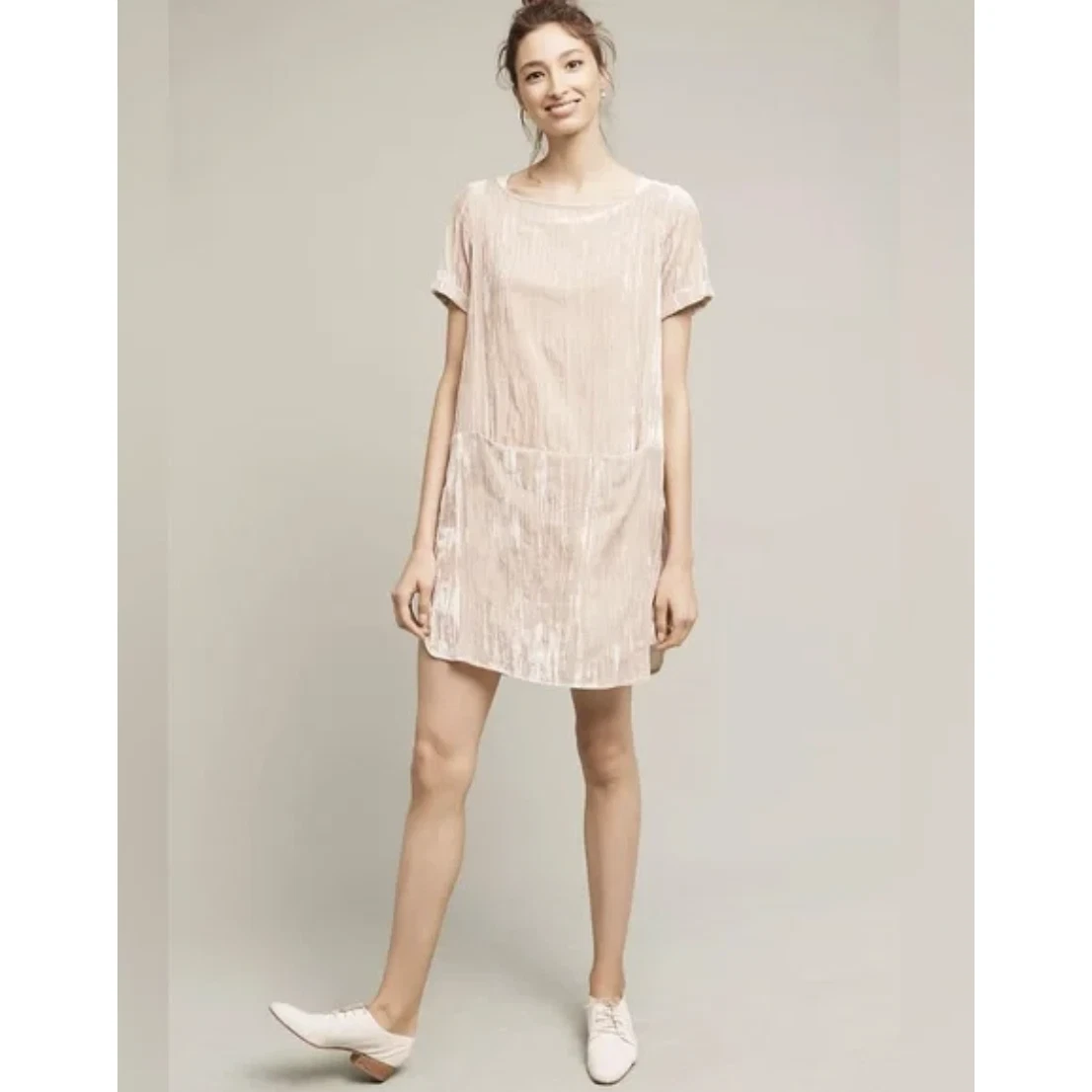 Anthropologie FLOREAT Crinkle Crushed Velvet Tunic Shift Dress Champagne  Size S | eBay
