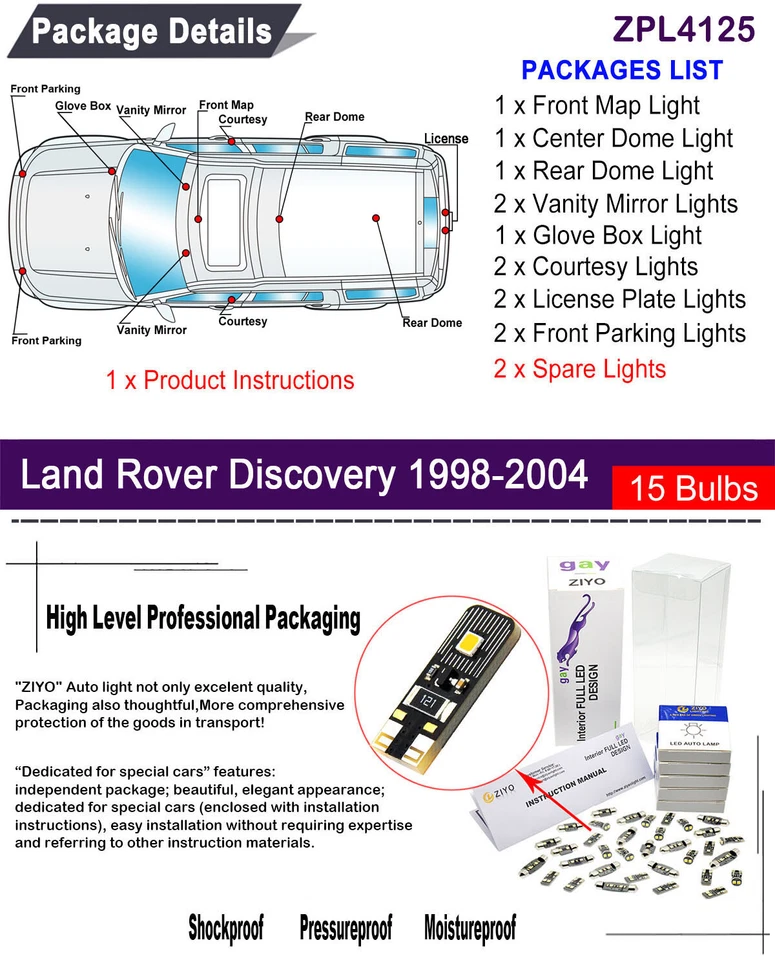 LED Interior Light Kit for Land Rover Discovery II 1998-2004 White Light Bulbs - Image 2 of 4