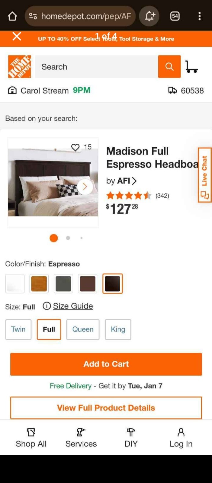 AFI Madison Solid Wood Full Headboard with USB Charger in Espresso-image