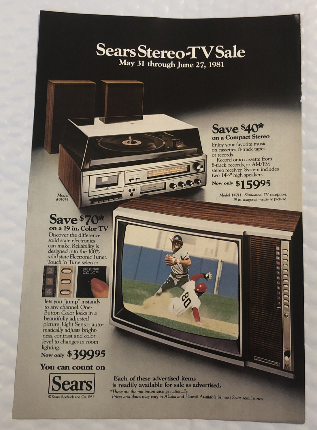 Vintage 1981 Sears Original Full Page Print Ad Stereo TV Sale eBay