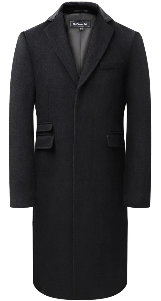 Mens Black Overcoat 70% Wool & Cashmere Covert Warm Winter Mod Long Coat Velvet - Image 2 of 4