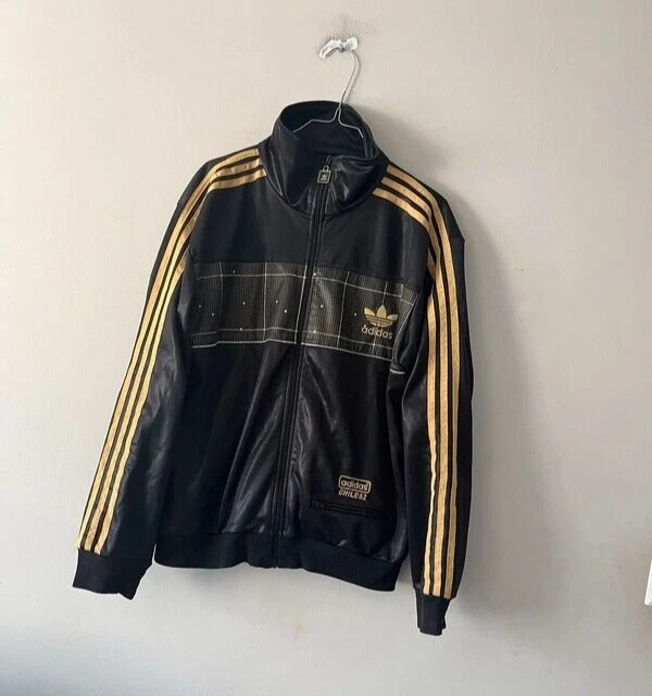 Perceptivo Qué mimar Adidas Chile 62 Mens Jacket Black Gold 3 Stripes Track Top Wet Look Shinny  Sz M | eBay