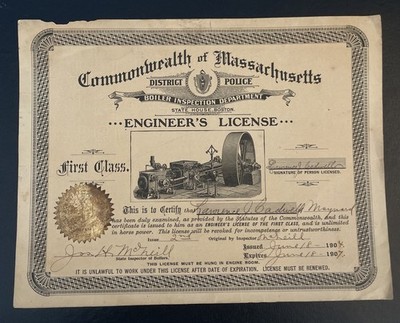 Vintage 1904 Commonwealth of Massachusetts Engineer s Liscence