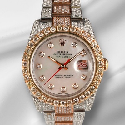 Rolex 36mm Datejust 18k RG/Steel 17ct Iced Out White Mop Diamond Dial 116261