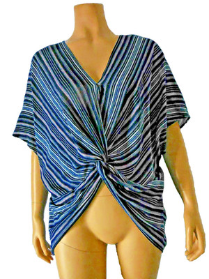 KARAN KANE Top Shirt Medium blue stripe oversized twist front Batwing sleeve NWT