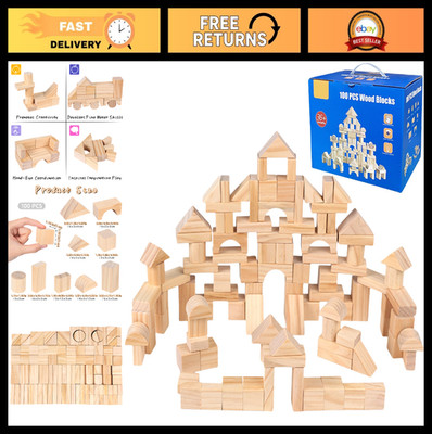 100 Pcs Natural Colored Wooden Building Blocks for Kids - Stacking Toys, Learnin