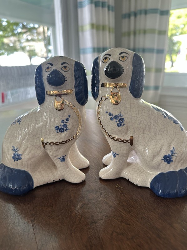 Staffordshire Pair Blue & White Ceramic Dog Figurines Floral Pattern