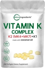 Super Vitamin K Complex (K2 MK7 + MK4 & K1), 360 Coconut Oil Softgles | Easily A